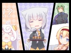  1boy 3girls animal_ears blonde_hair blue_eyes cat_ears commentary_request green_hair long_hair multiple_girls nightmare_cat pixiv_fantasia pixiv_fantasia_t purple_hair red_eyes short_hair 