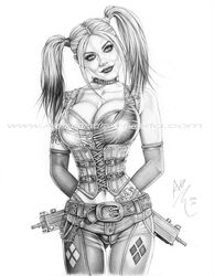  1girls 2014 armando_huerta batman:_arkham_city batman_(series) cameltoe cleavage dc dc_comics female female_only fully_clothed greyscale gun guns hair harley_quinn harley_quinn_(arkham_city) human monochrome solo supervillainess text watermark weapons white_background 