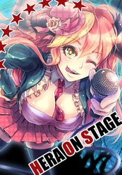  between_breasts black_thighhighs breasts commentary_request english_text female green_eyes hand_on_own_hip hera_(p&amp;d) horns large_breasts long_hair microphone one_eye_closed open_mouth puzzle_&amp;_dragons red_hair sion_(blackhorse) skirt smile solo thighhighs tongue tongue_out 