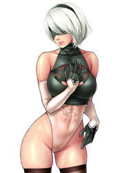  2b_(nier:automata) bare_shoulders black_blindfold black_hairband blindfold breasts cleavage_cutout clothing_cutout covered_eyes cowboy_shot detached_sleeves elbow_gloves feather-trimmed_sleeves female gloves hairband hand_on_own_chest hand_on_own_hip highleg highleg_leotard highres juliet_sleeves large_breasts leotard long_sleeves looking_to_the_side mole mole_under_mouth nier:automata nier_(series) no_pants nose pink_lips puffy_sleeves rokko shiny_clothes shiny_skin short_hair simple_background skindentation solo sword thighhighs thighs turtleneck vambraces weapon white_background white_hair white_leotard wide_hips 