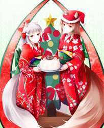  2girls absurdres animal_ears blush bow brown_hair cake christmas christmas_cake christmas_tree commentary_request ears_through_headwear english_text food fudo_shin green_bow grey_hair hair_ornament hairbow hairclip hat highres holding holding_cake holding_food holding_plate holo japanese_clothes kimono long_hair looking_at_viewer mother_and_daughter multiple_girls myuri_(spice_and_wolf) obi photoshop_(medium) plate print_kimono red_bow red_eyes red_hat red_kimono santa_hat sash shinsetsu_spice_and_wolf smile snowflake_print snowman_print spice_and_wolf standing tail text_focus wolf_ears wolf_girl wolf_tail yukata 