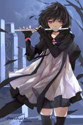  artist_name bad_id bad_pixiv_id black_cape black_hair black_thighhighs cape character_name covered_mouth cowboy_shot dress english_text female fingerless_gloves flute frilled_dress frills gloves hands_up highres instrument music original paradise_(swd3e2) photoshop_(medium) playing_flute playing_instrument red_eyes short_hair solo swd3e2 thighhighs transverse_flute watermark white_dress wind zettai_ryouiki 