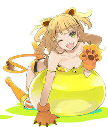  ;d animal_ears animal_hands armlet ball bandeau bare_shoulders bell belt blonde_hair boots breasts cleavage collarbone commentary_request exercise_ball fake_animal_ears fake_tail female full_body gloves green_eyes idolmaster idolmaster_cinderella_girls jingle_bell jougasaki_rika kawaty knee_boots leaning_on_ball lion_ears lion_paw lion_tail long_hair looking_at_viewer oerba_yun_fang one_eye_closed open_mouth paw_gloves short_shorts shorts simple_background small_breasts smile solo striped_clothes striped_thighhighs tail teeth thighhighs two_side_up 