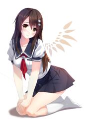  blush brown_eyes brown_hair caidychen collarbone commentary female full_body hair_ornament hairclip highres kneehighs kneeling long_hair niimi_haruka_(photokano) own_hands_together photokano school_uniform simple_background smile socks solo white_background white_socks 