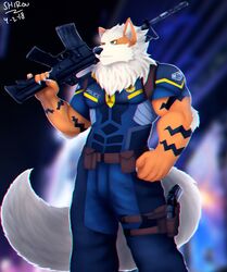  2018 abstract_background anthro anthrofied ar-15 arcanine assault_rifle canid canine chromatic_aberration clothing generation_1_pokemon green_eyes gun handgun hi_res holding_gun holding_object holding_ranged_weapon holding_weapon holster m4 male mammal muscular muscular_anthro muscular_male nintendo pokemon pokemon_(species) pokemorph police police_uniform portrait ranged_weapon rifle shirou_shikuro solo standing three-quarter_portrait uniform weapon 