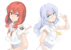  2girls anya_dostoyevskaya aria_(manga) aria_the_avvenire azusa_mclaren blouse blue_eyes blue_hair commentary_request dress highres himeya_company_uniform kuroko_(piii) mole mole_under_eye multiple_girls orange_planet_uniform red_eyes red_hair sailor_collar shirt short_hair short_sleeves simple_background smile uniform v white_background white_dress white_shirt 