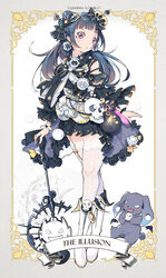  :o armband bad_id bad_pixiv_id badge black_ribbon blue_hair blunt_bangs blush_stickers boots border bracelet button_badge cardcaptor_sakura character_name crossed_legs detached_sleeves earrings english_text facial_mark female flask flower flower_earrings frilled_sleeves frills full_body garter_straps grey_border hair_bun hair_flower hair_ornament hair_stick highres illusion_(clow_card) jewelry lace lace-trimmed_legwear lace_trim long_hair love_live! love_live!_sunshine!! overskirt photoshop_(medium) purple_eyes qianqian rabbit ribbon sash single_side_bun skull solo staff standing thighhighs tsushima_yoshiko white_footwear white_thighhighs 