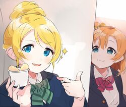  2girls :3 :d alternate_hairstyle around_corner ayase_eli bad_id bad_twitter_id blazer blonde_hair blue_eyes bow bowtie food green_bow green_bowtie hair_bun hair_up hairbow holding holding_food jacket kosaka_honoka love_live! love_live!_school_idol_project multiple_girls nanjou_yoshino nitta_emi open_mouth orange_hair otonokizaka_school_uniform peeking_out photo-referenced pointing red_bow red_bowtie school_uniform single_hair_bun smile sparkle striped_bow striped_bowtie striped_clothes totoki86 v-shaped_eyebrows voice_actor_connection yellow_bow 