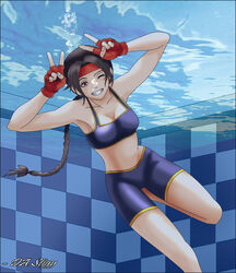  air_bubble bike_shorts braid breath brown_eyes brown_hair bubble bubble_blowing dastigy derivative_work double_v fingerless_gloves freediving gloves grin happy headband long_hair one_eye_closed pool smile solo sports_bra swimming the_king_of_fighters underwater v yuri_sakazaki 