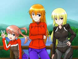  3girls alternate_costume blonde_hair breasts charlotte_e._yeager commentary_request cosplay francie_gerard isosceles_triangle_(xyzxyzxyz) large_breasts looking_at_viewer marian_e._carl md5_mismatch multiple_girls noble_witches orange_hair red_hair smile strike_witches strike_witches:_katayoku_no_majo-tachi twintails world_witches_series 