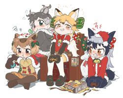  4girls :t alternate_costume angry animal_ears antlers appleq bell belt black_gloves black_hair black_pantyhose blonde_hair blush bodystocking bow bowtie box brown_eyes brown_footwear brown_hair capelet capybara_(kemono_friends) capybara_girl christmas clenched_teeth closed_mouth commentary_request controller deer_ears dress extra_ears ezo_red_fox_(kemono_friends) flipped_hair fox_ears fox_tail full_body fur-trimmed_capelet fur-trimmed_hood fur-trimmed_sleeves fur_collar fur_trim game_controller gift gloves green_eyes grey_hair grin hair_ornament hair_ribbon hair_scrunchie half-closed_eyes hat heterochromia highres holding holding_controller hood hood_down hooded_jacket horns indian_style jacket joy-con kemono_friends layered_sleeves long_hair long_sleeves looking_at_another looking_to_the_side massage_chair multicolored_hair multiple_girls open_gift orange_eyes pantyhose photoshop_(medium) playing_games pout puff_of_air red_bow red_bowtie red_eyes reindeer_(kemono_friends) reindeer_antlers ribbon rolling_sleeves_up sack santa_costume santa_hat scrunchie seiza shoes short_over_long_sleeves short_sleeves shorts sidelocks silver_fox_(kemono_friends) simple_background sitting skirt sleeves_rolled_up smile smug squiggle suspenders sweater sweater_dress tail tearing_up teeth towel towel_on_head twintails two-tone_hair v-shaped_eyebrows white_background 