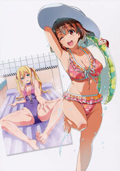  2girls ;d absurdres air_mattress arm_behind_head armpits barefoot bikini blonde_hair blush breasts brown_eyes brown_hair choker cleavage feet frilled_bikini frills front-tie_bikini_top front-tie_top grabbing_own_thigh hat highres himegami_kodama innertube kushiya_inaho large_breasts leg_up long_hair looking_at_viewer lying maken-ki! multiple_girls navel on_back one-piece_swimsuit one_eye_closed open_mouth print_bikini scrunchie short_hair smile spread_legs standing standing_on_one_leg sun_hat swim_ring swimsuit takeda_hiromitsu thigh_grab toes twintails water water_drop 