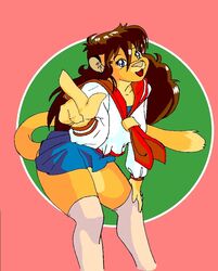  2008 asian_clothing blue_eyes breasts brown_hair clothing danellz digital_media_(artwork) east_asian_clothing felid female footwear fur hair japanese_clothing japanese_school_uniform kathy_(danellz) lion mammal multicolored_body multicolored_fur pantherine school_uniform serafuku socks solo two_tone_body two_tone_fur uniform 