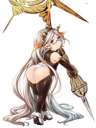  absurdly_long_hair ass black_gloves black_thighhighs blush commentary_request elbow_gloves female from_behind glasses gloves granblue_fantasy green_eyes grey_hair hairband harvin long_hair looking_at_viewer looking_back panties pointy_ears semi-rimless_eyewear solo staff thighhighs underwear very_long_hair white_hair zahlhamelina zanzi 