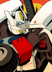  1boy autobot autumn_leaves commentary_request drift_(transformers) insignia kamizono_(spookyhouse) leaf machinery maple_leaf mecha no_humans photoshop_(medium) robot smile solo sword the_transformers_(idw) transformers tree twitter_username weapon 