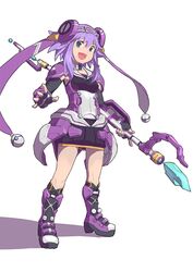  armor armored_dress blue_eyes boots commentary_request cosplay female hair_ornament looking_at_viewer neptune_(neptunia) neptune_(series) phantasy_star phantasy_star_online_2 polearm purple_hair segamark shield smile solo spear weapon wiola_magica 