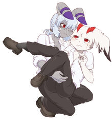  anthro bemani blue_hair clothing duo fur grey_body grey_fur hair kemono konami lagomorph leporid loose_footwear lyra_(pop&#039;n_music) mammal pop&#039;n_music rabbit red_eyes rule_63 ruri_tsubame school_uniform shoe_dangle simple_background uniform white_background white_body white_fur white_hair 