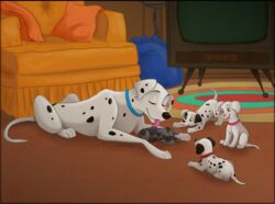  101_dalmatians 102_dalmatians adoption ambiguous_gender canid canine canis dalmatian disney domestic_dog female feral group hi_res licking little_ronak_(wolf_form) living_room lucky_(101_dalmatians) mammal maternal mother_(lore) oddball_(101_dalmatians) parent_(lore) patch_(101_dalmatians) perdita tacianap tongue tongue_out young young_feral 