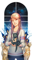  artist_name baseball_cap brown_eyes commentary_request constellation dated feline female flag_print hat highres long_hair looking_at_viewer lvans original photoshop_(medium) print_sweater red_hair signature sky smile solo star_(sky) starry_sky sweater union_jack 