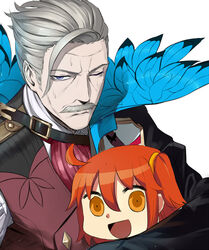  1boy :d ahoge arm_around_back bad_id bad_pixiv_id blue_eyes chibi closed_mouth facial_hair fate/grand_order fate_(series) female fujimaru_ritsuka_(female) grey_hair hair_between_eyes hair_ornament james_moriarty_(archer)_(fate) keli_bang looking_at_viewer looking_back moustache one_eye_closed open_mouth orange_eyes orange_hair riyo_(lyomsnpmp)_(style) side_ponytail sidelocks simple_background smile sweat vest white_background 