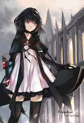  artist_name bad_id bad_pixiv_id bird black_cape black_choker black_hair black_thighhighs building cape character_name choker dress elbow_gloves english_text female frilled_dress frills gem gloves highres original outdoors paradise_(swd3e2) photoshop_(medium) red_eyes red_gemstone short_dress short_hair skirt sky solo swd3e2 thighhighs watermark white_dress zettai_ryouiki 