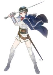  ascot bad_id bad_pixiv_id belt blue_jacket boots female fighting_stance isabeau_(megami_tensei) jacket katana nobingo red_eyes sheath shin_megami_tensei shin_megami_tensei_iv short_hair sidelocks smile solo sword thigh_boots thighhighs weapon 