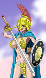  armor armpits breasts cape dressrosa female gladiator gloves helmet highres hips large_breasts legs navel nel-zel_formula one_piece open_mouth princess rebecca_(one_piece) red_hair shield short_hair simple_background smile standing sword thighs weapon 