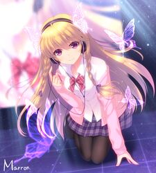  ahoge amamiya_marron artist_name black_pantyhose blonde_hair bow bowtie braid brown_footwear butterfly_hair_ornament cable closed_mouth collared_shirt commentary_request eyebrows female full_body hair_ornament headphones jacket kneeling loafers long_hair long_sleeves looking_at_viewer open_clothes open_jacket original pantyhose pink_jacket plaid plaid_skirt pleated_skirt purple_eyes purple_skirt red_bow red_bowtie screen shirt shoes skirt sleeves_past_wrists smile solo striped_bow striped_bowtie striped_clothes tile_floor tiles twin_braids very_long_hair white_shirt wing_collar 