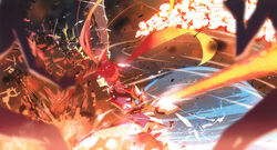  2girls absurdres battle drag_guildy explosion fighting_stance fire genderswap_(mtf) gloves highres kasuga_ayumu_(haruhipo) long_hair multiple_girls non-web_source novel_illustration official_art open_mouth ore_twintail_ni_narimasu photoshop_(medium) red_hair rule_63 screaming shindou_erina sword tailblue tailred twintails very_long_hair weapon 