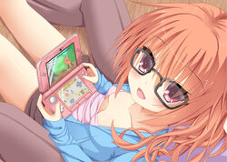  1other :d bespectacled black-framed_eyewear blush breasts breasts_apart brown_pants clip_studio_paint_(medium) collarbone commentary_request dutch_angle female game_console glasses hair_between_eyes handheld_game_console happy holding holding_handheld_game_console inaba_meguru long_hair looking_at_viewer looking_up monster_hunter_(series) monster_hunter_4 nekono nintendo_3ds no_bra open_mouth orange_hair pants pink_shirt playing_games ponytail red_eyes sanoba_witch shirt sleeves_past_wrists small_breasts smile solo_focus wavy_hair 