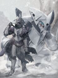  1other aggron armor belt black_scarf blue_eyes boots clenched_hand commentary_request gauntlets greaves helmet highres knight looking_at_another mega_aggron mega_pokemon open_mouth pokemon pokemon_(creature) ryairyai scarf snow spiked_gauntlets standing sword weapon 