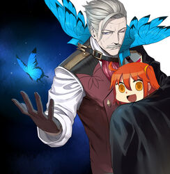  1boy :d ahoge arm_around_back bad_id bad_pixiv_id black_gloves blue_butterfly blue_eyes bug butterfly chibi closed_mouth commentary_request facial_hair fate/grand_order fate_(series) female fujimaru_ritsuka_(female) gloves grey_hair hair_between_eyes hair_ornament hand_up highres james_moriarty_(archer)_(fate) keli_bang looking_at_viewer looking_back moustache one_eye_closed open_mouth orange_eyes orange_hair riyo_(lyomsnpmp)_(style) side_ponytail sidelocks smile sweat vest 