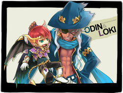  bare_chest dark_skin demon eyepatch green_eyes gungho_online_entertainment horns loki_(p&amp;d) muscle odin_(p&amp;d) open_clothes open_shirt puzzle_&amp;_dragons red_hair scarf shirt white_hair wings 