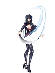  annerose_vajra black_hair breasts elf erect_nipples female full_body kagami_hirotaka katana koutetsu_no_majo_annerose koutetsu_no_majo_anneroze large_breasts legs lilith-soft long_hair looking_at_viewer pointy_ears sideboob smile solo standing sword weapon yellow_eyes 