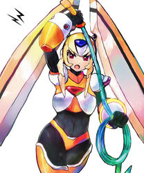  android blush bodystoking byte_(grunty-hag1) covered_navel female helmet holding_whip open_mouth oro_s red_eyes rockman rockman_xover simple_background weapon whip white_background 