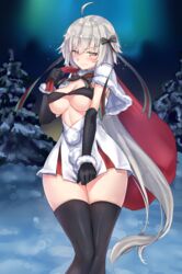  absurdres ahoge bad_id bad_pixiv_id bikini bikini_top_only black_bikini black_gloves black_thighhighs blurry blush bow breasts capelet commentary_request cosplay depth_of_field dress dress_tug elbow_gloves embarrassed fate/grand_order fate_(series) female fur-trimmed_capelet fur_trim gloves green_bow green_ribbons grey_hair headpiece highres jeanne_d&#039;arc_alter_(avenger)_(fate) jeanne_d&#039;arc_alter_(fate) jeanne_d&#039;arc_alter_santa_lily_(fate) jeanne_d&#039;arc_alter_santa_lily_(fate)_(cosplay) knees_together_feet_apart large_breasts looking_at_viewer miramu_(ramu450471) ribbon short_dress solo standing striped striped_bow striped_ribbon swimsuit tears thighhighs thighs tsurime white_capelet yellow_eyes 