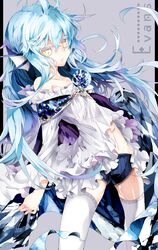  animal_ears bad_id bad_pixiv_id bare_shoulders blue_hair character_request colored_eyelashes dress female fins frills head_fins highres long_hair rooseputo_02 short_shorts shorts solo thighhighs very_long_hair white_thighhighs yellow_eyes 