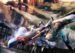  6+boys 6+girls aircraft airship ass battle blue_hair broom broom_riding cloud commentary_request contrail crash dutch_angle elbow_gloves flying gloves long_hair mashiro_akira multiple_boys multiple_girls one_eye_closed original photoshop_(medium) shorts smoke thighhighs unconventional_broom 