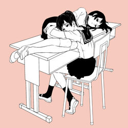  2girls banysun black_hair chair commentary_request kneehighs loafers lying lying_on_person monochrome multiple_girls original school_uniform serafuku shoes simple_background skirt socks table thighhighs 