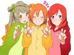  3girls animal_costume bad_id bad_pixiv_id blush bow brown_eyes brown_hair claw_pose closed_eyes girl_sandwich hairbow hood inuzuka_bouru kosaka_honoka long_hair love_live! love_live!_school_idol_project minami_kotori multiple_girls nishikino_maki one_side_up open_mouth orange_hair purple_eyes red_hair sandwiched short_hair smile 