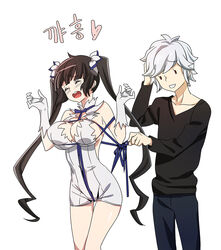  0_0 1boy albino aneunyeoja arm_behind_head bell_cranel black_hair blue_ribbon bondage breasts cleavage_cutout closed_eyes clothing_cutout commentary_request dress dungeon_ni_deai_wo_motomeru_no_wa_machigatteiru_darou_ka female gloves hair_ornament hair_ribbon hestia_(danmachi) korean_text large_breasts long_hair open_mouth partial_commentary pencil_dress photoshop_(medium) pulling red_eyes rei_no_himo ribbon shibari_over_clothes twintails very_long_hair white_dress white_gloves white_hair wince 