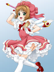  brown_hair cardcaptor_sakura clow_card commentary_request dress female fuji_shinobu green_eyes hat highres kinomoto_sakura kinomoto_sakura_(magic_dream_costume) magical_girl mary_janes over-kneehighs pink_hat shoes short_hair solo standing standing_on_one_leg thighhighs wand 