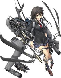  ah-64d_(revision)_(rick_g_earth) black-framed_eyewear black_hair black_socks brown_eyes brown_footwear commentary_request female full_body grin hand_in_pocket headphones headphones_around_neck kawanakajima long_hair looking_at_viewer missile official_art plaid plaid_skirt rick_g_earth school_uniform sidelocks simple_background skirt smile socks solo white_background 