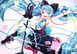  :d ahoge aqua_hair aqua_necktie armpits black_bow black_footwear blue_eyes boots bow breasts collared_shirt commentary_request female gloves hair_between_eyes hairbow hatsune_miku high_heels holding holding_microphone knee_boots knees_together_feet_apart komadori_ui long_hair magical_mirai_(vocaloid) magical_mirai_miku magical_mirai_miku_(2016) microphone necktie open_mouth outstretched_arm pantyhose shirt skirt sleeveless sleeveless_shirt small_breasts smile solo streamers striped_clothes striped_skirt twintails very_long_hair vocaloid white_gloves white_pantyhose white_shirt wing_collar 