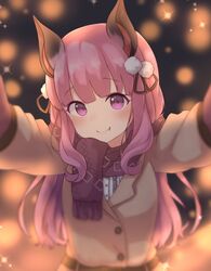  animal_ears animare bad_id bad_pixiv_id bat_ears belt black_ribbon blurry blush bokeh brown_coat buttons closed_mouth coat commentary depth_of_field female fringe_trim hair_ornament hair_ribbon head_tilt highres long_hair long_sleeves looking_at_viewer maka_neko nanashi_inc. oerba_yun_fang outstretched_arms pink_hair pom_pom_(clothes) purple_eyes purple_scarf reaching reaching_towards_viewer ribbon sanpaku scarf sidelocks smile solo tareme umori_hinako upper_body virtual_youtuber wavy_hair wing_collar winter_clothes 