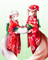  2girls absurdres animal_ears blush bow brown_hair cake christmas christmas_cake commentary_request ears_through_headwear english_text food fudo_shin green_bow grey_hair hair_ornament hairbow hairclip hat highres holding holding_cake holding_food holding_plate holo japanese_clothes kimono long_hair looking_at_viewer mother_and_daughter multiple_girls myuri_(spice_and_wolf) obi photoshop_(medium) plate print_kimono red_bow red_eyes red_hat red_kimono santa_hat sash shinsetsu_spice_and_wolf smile snowflake_print snowman_print spice_and_wolf standing tail text_focus wolf_ears wolf_girl wolf_tail yukata 