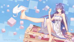  barefoot blue_eyes bracelet commentary_request female hair_ribbon high_heels highres jewelry leg_lift leg_up long_hair ltt_challenger photoshop_(medium) ponytail purple_hair revision ribbon ryuugajou_nanana ryuugajou_nanana_no_maizoukin shoe_dangle sitting solo treasure_chest 