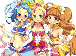  3girls :d amanogawa_kirara arm_hug bad_id bad_pixiv_id bare_shoulders blonde_hair blue_eyes blue_hair blush bow breasts brown_hair choker cleavage commentary_request cure_flora cure_mermaid cure_twinkle girl_sandwich gloves go!_princess_precure green_eyes haruno_haruka holding_another&#039;s_arm homing_(areya) kaidou_minami large_breasts long_hair looking_at_viewer magical_girl medium_breasts midriff multicolored_hair multiple_girls navel open_mouth pink_hair ponytail precure purple_eyes purple_hair sandwiched smile twintails two-tone_hair underboob waist_bow white_gloves 