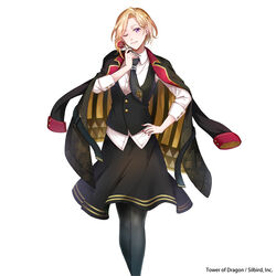  ;) black_neckwear black_pantyhose black_skirt black_vest blonde_hair commentary_request copyright_name dart female hand_on_own_hip highres jacket jacket_on_shoulders looking_at_viewer nail_polish official_art one_eye_closed pantyhose purple_eyes red_nails short_hair skirt smile solo tower_of_dragon vest yamabuki_kanon 