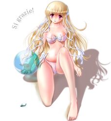  ball beachball bikini blonde_hair clarissa_satsuki_maezono commentary_request female hairband highres honeycoming_royalsweet italian_text long_hair md5_mismatch miharin red_eyes solo swimsuit translated 